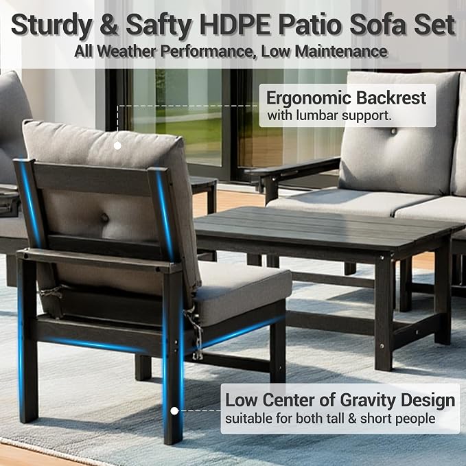 HDPE 7 Piece Patio Furniture Set, Outdoor Sectional Sofa with Coffee Table, Side Table and Seat Cusions, Patio Conversation Set for Party, Backyard, Porch, Deck, Poolside, Grey