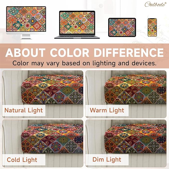 CALBODE 14Pcs Stretch Patio Cushion Cover, Bohemian Colored Geometric Pattern Couch Covers for Patio Furniture Cushions Washable Reusable Couch Covers Replacement for Fall Winter(Cover Only)