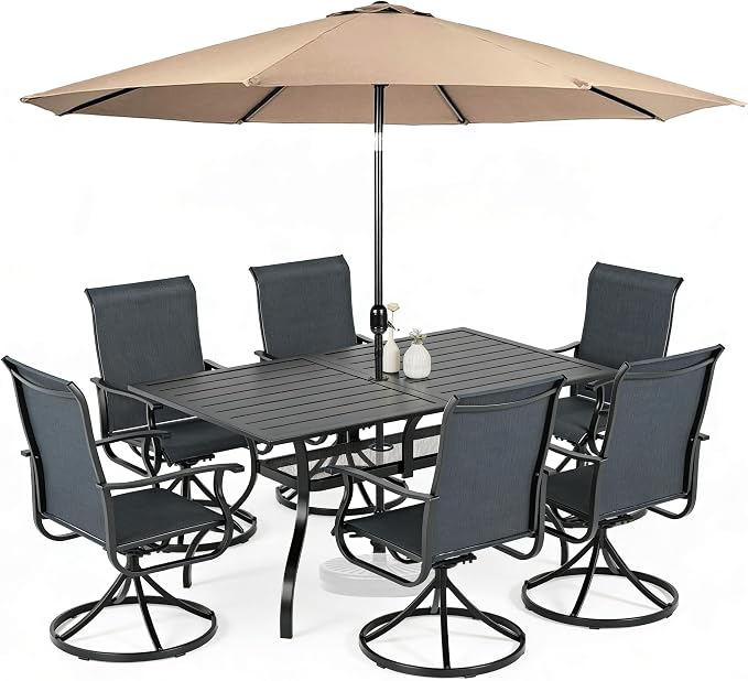 SUNCROWN 8-Piece Outdoor Dining Set, All Weather Patio Furniture Sets with 6 Black Swivel Textilene Mesh Chairs & Rectangular Metal Table & 1 Brown 9Ft Umbrella for Garden Backyard Poolside