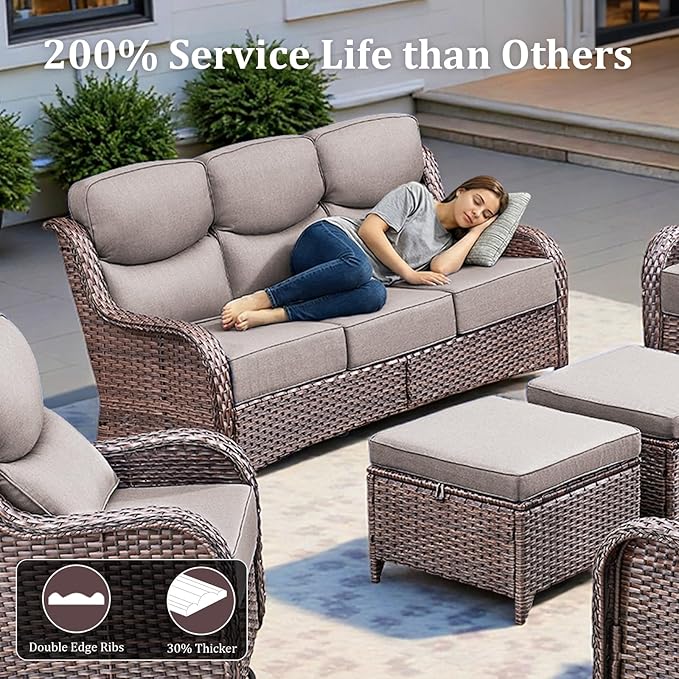 Luxury Patio Furniture Set with 42.5" Fire Pit Table, 6 Pieces High Back All Weather Wicker Outdoor Furniture w/ 6-Inch Thick Cushions, Patio Swivel Chairs Couch for Deck Balcony Backyard Brown/Grey