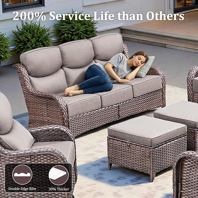 Luxury High Back Patio Furniture Set with 6-Inch Thick Cushions, 4-Pieces Outdoor Furniture with Swivel Chairs, Wicker Conversation Set for Porch, Balcony, Deck and Yard, Brown/Grey
