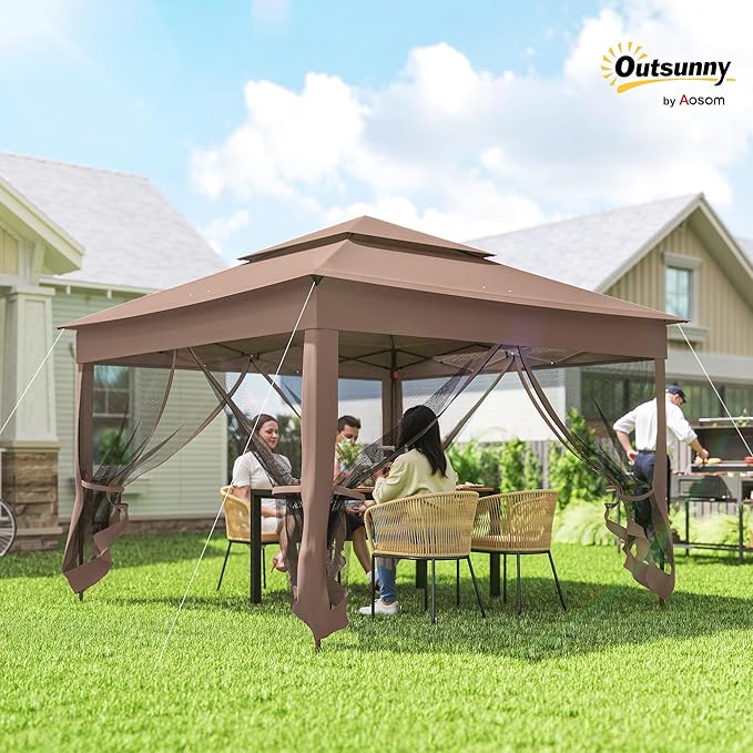 Outsunny 11' x 11' Pop Up Canopy, Outdoor Patio Gazebo Shelter with Removable Zipper Netting, Instant Event Tent w/ 114 Square Feet of Shade and Carry Bag for Backyard, Garden, Brown