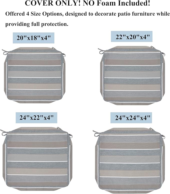 FUNHOME Outdoor Patio Cushion Covers 22 x 20 x 4 Inch, No Insert! 2 Pack Water Repellent Outdoor Chair Cushion Covers with Zipper and Tie, Patio Cushion Slipcovers Replacement Cover Only(Grey Stripe)