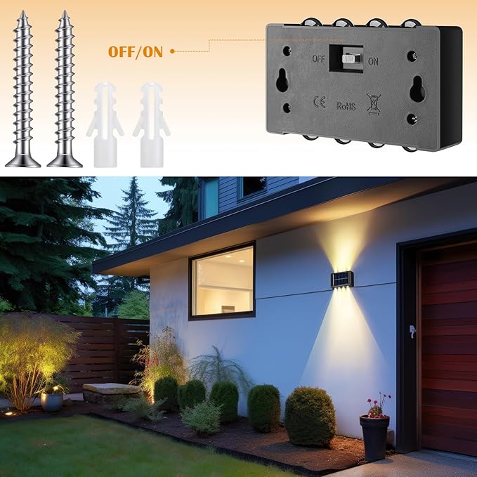 Rossesay 8 Pack Solar Wall Lights for Outside 3000K Warm Solar Fence Lights Up and Down Autumn LED Outdoor Decorative Waterproof Lamps Dusk to Dawn LED Lighting Wall Sconces for Outside Deck Garage
