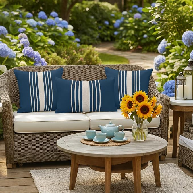 Navy Blue Beige Striped Outdoor Pillow Covers 20x20 Inch Throw Pillow Covers Set of 2 Waterproof Decorative Pillow Cases Modern Farmhouse Retro Lines Cushion Covers for Patio Furniture Garden Couch