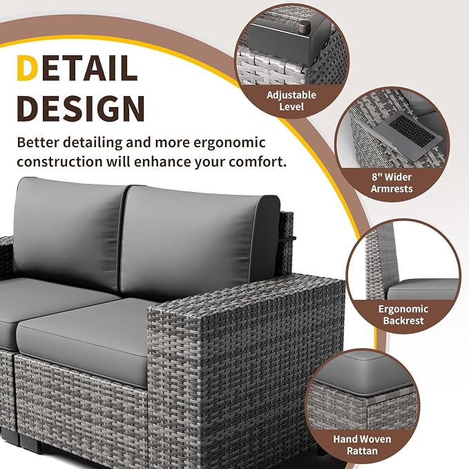 Outdoor Patio Furniture Set, 8‘’ Wide armrest Outdoor Sectional Rattan Sofa Set, Wicker Patio Furniture Sets w/Coffee Table,Thick Cushions and Cover for Porch, Balcony,Deck,8 PCS(Grey&Grey)