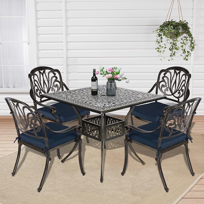 5-Piece Outdoor Patio Dining Set, All-Weather Cast Aluminum Patio Table Set, Include 4 Cushioned Chairs and a 35.4 inch Square Table w/Umbrella Hole for Balcony Garden Backyard, Navy Blue