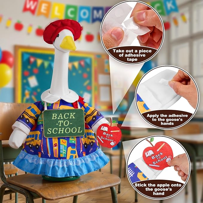 1 Set Back to School Porch Goose Outfit for 23 Inch Lawn Goose Statue | School-Themed Goose Clothes with Dress,Hat,Neck Sign,Apple Felt Sticker & Glue Dots for Patio,Yard,Classroom or Garden Decor
