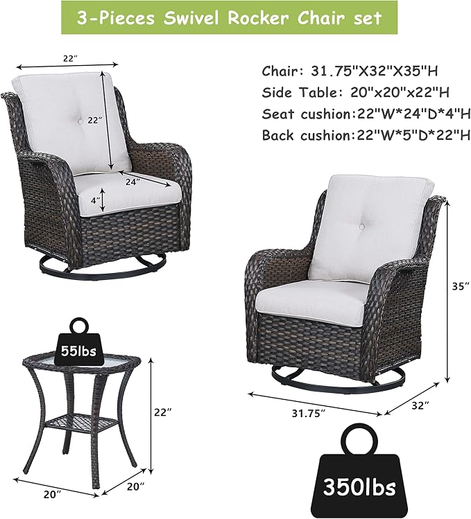 Rilyson Wicker Rocking Chair Swivel Chairs - 3 Piece Rocker Patio Furniture Set Rattan Rocking Bistro Sets with Glass Top Side Table for Outdoor Porch Deck Garden Backyard (Brown/Beige)