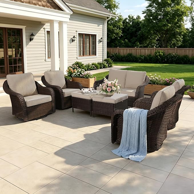 7 Piece Patio Wicker Conversation Set, All-Weather Use Outdoor Wicker Loveseat with 4 PE Rattan Ottomans,4 Swivel Chair, Ideal for Porch, Backyard, Balcony, Poolside, Beige