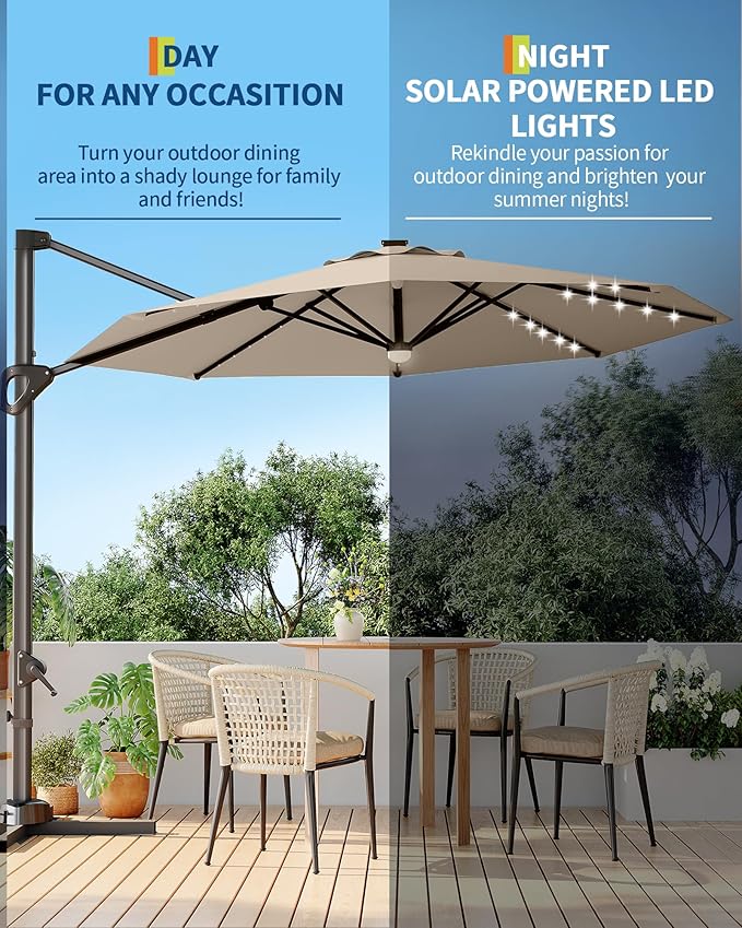 GarveeLife 10 ft Cantilever Umbrella Outdoor Patio Umbrella Solar LED w/Base Included Market Offset Umbrella Sun Shade Windproof with 360-Degree Rotation for Patio Garden Deck Pool, Tan