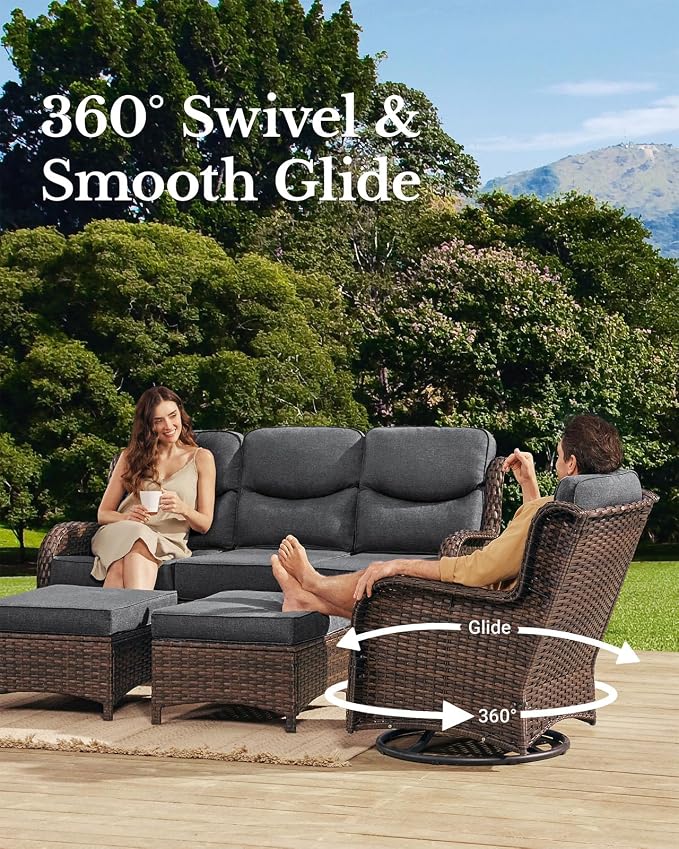 HILLGA Luxury Outdoor Patio Furniture Set with 6-Inch Thick Cushions, High Back Wicker Swivel Rocker Chairs, 7 Pcs All Weather Conversation Set for Large Deck, Yard and Poolside, Gray (V3)
