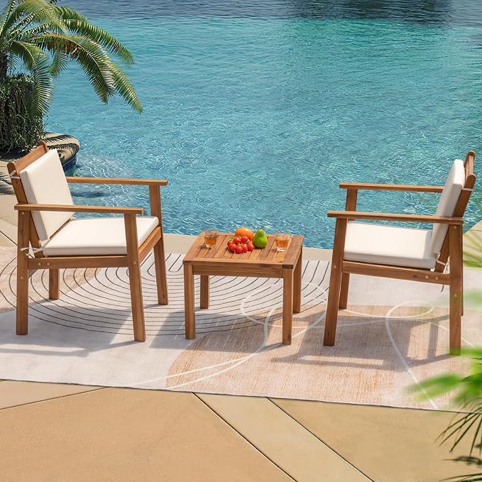 Greesum Outdoor Patio Furniture, 3 Piece Bistro Sofa Set with 1 Coffee Table and 2 Chairs, Acacia Wood Conversation Sets with Cushions, for Garden, Backyard, Poolside, White