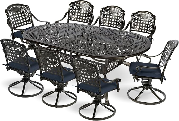 MEETWARM 9-Piece Outdoor Patio Dining Set, All-Weather Cast Aluminum Patio Conversation Set with 8 Cushioned Swivel Rocker Chairs for Backyard Garden Deck, 1 Oval Table, 2" Umbrella Hole, Navy Blue