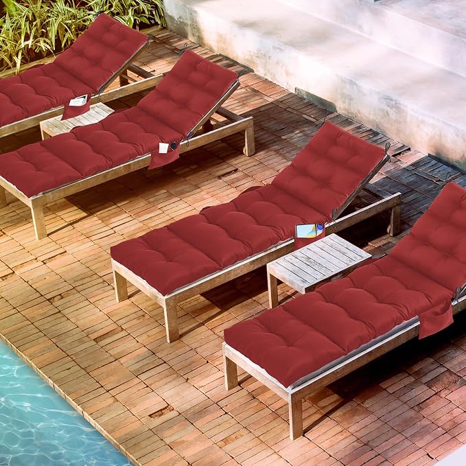 Kigley Outdoor Chaise Lounge Cushions with 3 Side Pocket 74.5 x 22 x 4.7 Inch Patio Chaise Lounge Cushion, Water-Repellent and Fade-Resistant Tufted Summer Replacement(2 Pcs,Ruby Red,Solid Color)