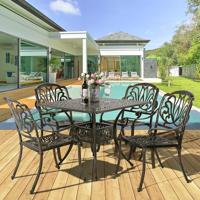 MEETWARM 5-Piece Outdoor Patio Dining Set, All-Weather Cast Aluminum Patio Conversation Set for Backyard Garden Deck with 4 Chairs and 35.4" Square Table, 2.2" Umbrella Hole