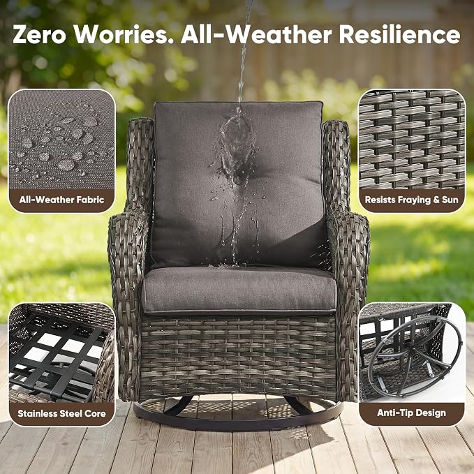 Belord 4 Piece Patio Wicker Furniture Set, Outdoor Swivel Rocker Chairs, All Weather Outdoor Patio Loveseat Set with Fire Pit Table for Deck Porch, Gray Wicker/Gray