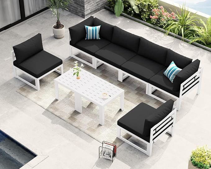NICESOUL 8 Pcs L-Shaped Contemporary Aluminum Outdoor Furniture Set, 29" Deep Wide Large Couch Set, 500 lbs High Weight Capacity Modular Patio Sectional Sofa with Coffee Table for Garden Lawn, Black