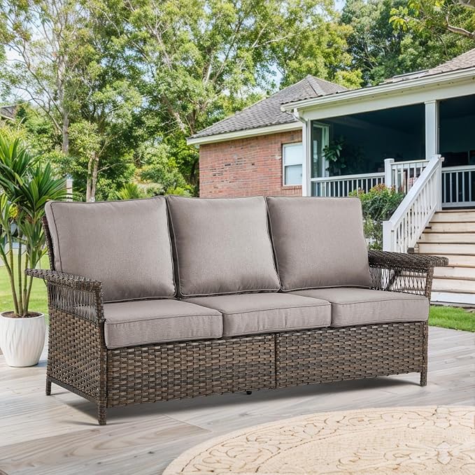 Patio Furniture Set with Fire Pit Table, 6PCS Patio Conversation Set Brown Resin Wicker Patio Chair Sofa Ottoman with 43in Rectangular Iron Outdoor Fire Table PE Rattan Furniture