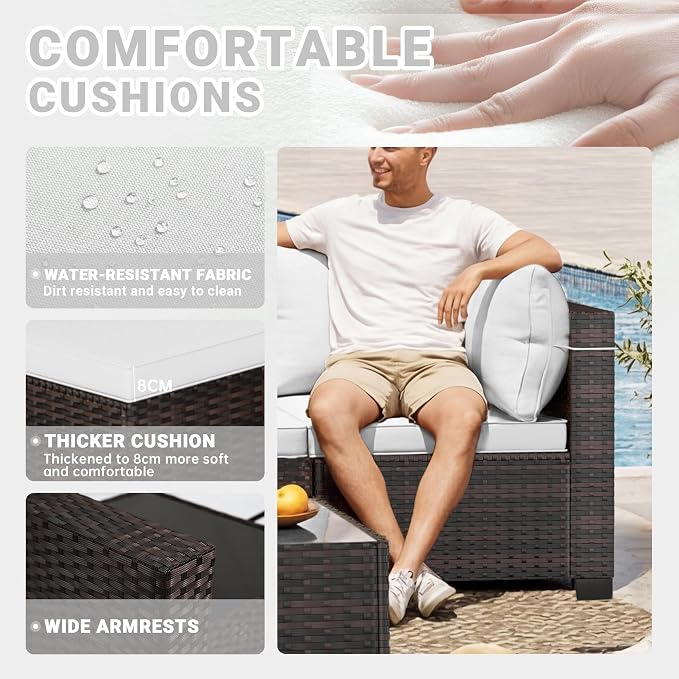 LEVELEVE 7-Piece Outdoor Patio Furniture Sets, Manual Weaving Rattan Conversation Sectional Sofa with Tempered Glass Coffee Table, All-Weather PE Wicker & Thick Cushions for Garden, Backyard, Porch