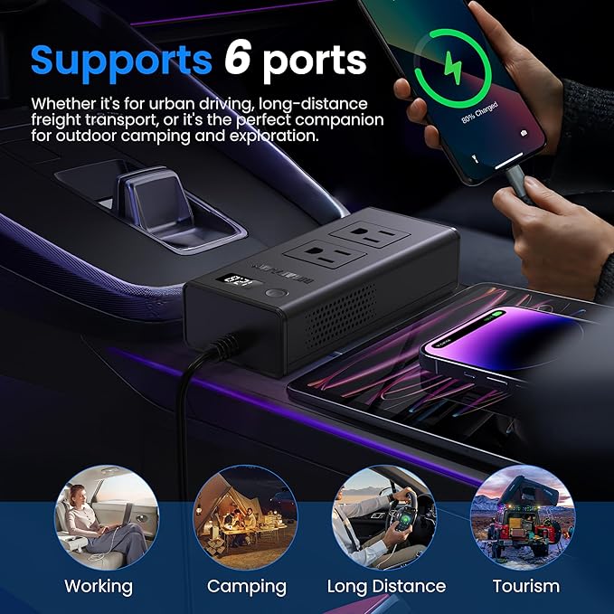 300W Car Voltage Converter Inverter DC 12V to AC 110V Ports Fast Charging Car Charger with Cigarette Lighter Plug with 2 Sockets and 4 USB for Business Trips and Vacation
