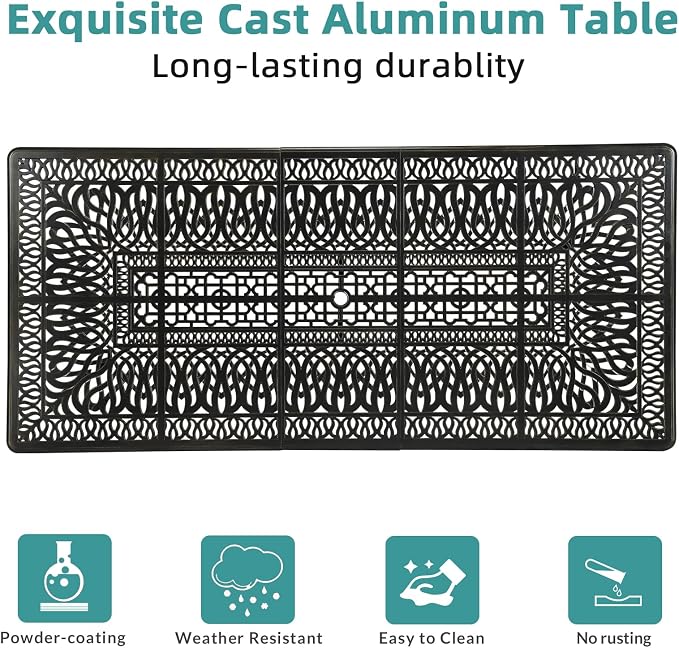 MEETWARM 9-Piece Outdoor Patio Dining Set for 8, All Weather Cast Aluminum Patio Funiture Table and Chairs Set- 94.5” Rectangular Table and 8 Cushioned Chairs for Garden, 2" Umbrella Hole, Chili Red