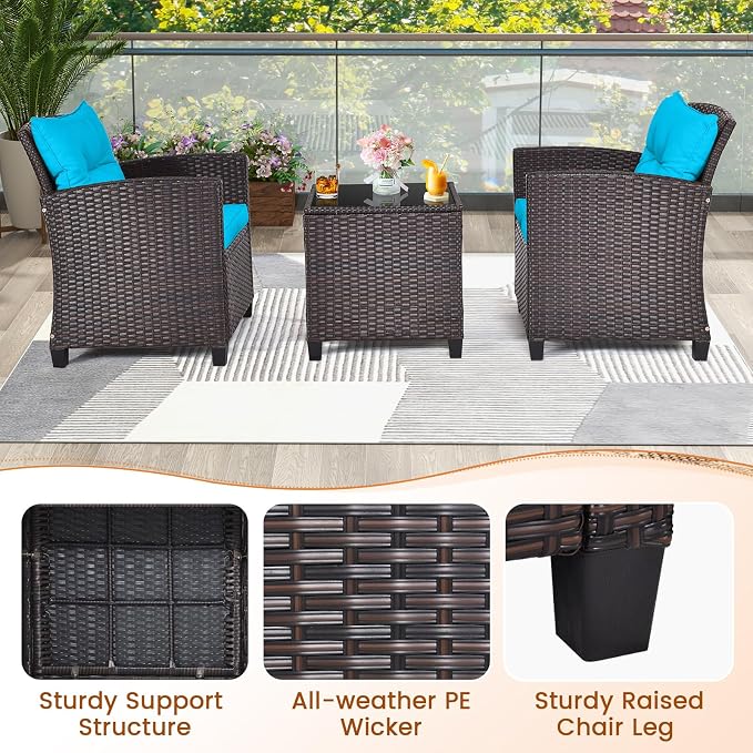 ORALNER 3 Pieces Patio Furniture Set, Outdoor Wicker Conversation Set Rattan Chairs with Cushions, Glass Coffee Table, Bistro Set for Front Porch Balcony Garden Deck Poolside (Turquoise)