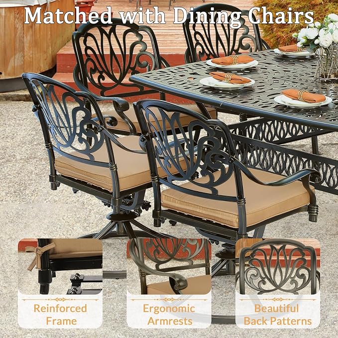 9 Piece Outdoor Patio Dining Set for 8, Cast Aluminium Large Square Dining Table & 2 Swivel Rocker Chairs, 6 Stationary, 8 Cushions, Umbrella Hole, Patio Furniture Set for Garden, Khaki