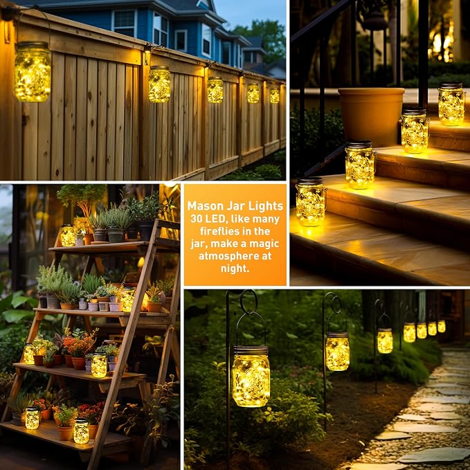 GIGALUMI Solar Mason Jar Lights, 12 Pack 30 Led String Fairy Lights | Garden Lights Outdoor Waterproof Metal Lid Hanging Solar Lanterns for Outdoor, Garden, Patio, Lawn, Balcony Decoration