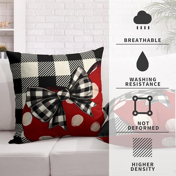 Valentines Day Throw Pillow Covers 22x22 Buffallo Plaid Valentines Pillow Covers Polka Dot Red Love Heart with Bow Decoarative Pillow Case for Living Room Couch Sofa
