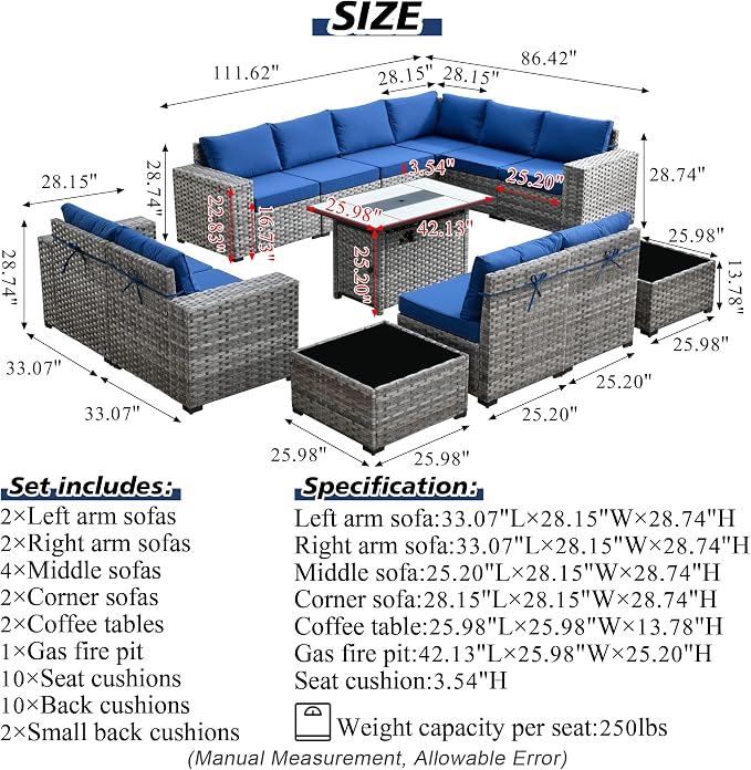 HOOOWOOO Outdoor Patio Sectional Furniture Sofa Set with Propane Fire Pit Table,13 Piece Large Modern Wicker Couch with Widened Armrest,Modular L Shaped Conversation Seating Set(Navy Blue)