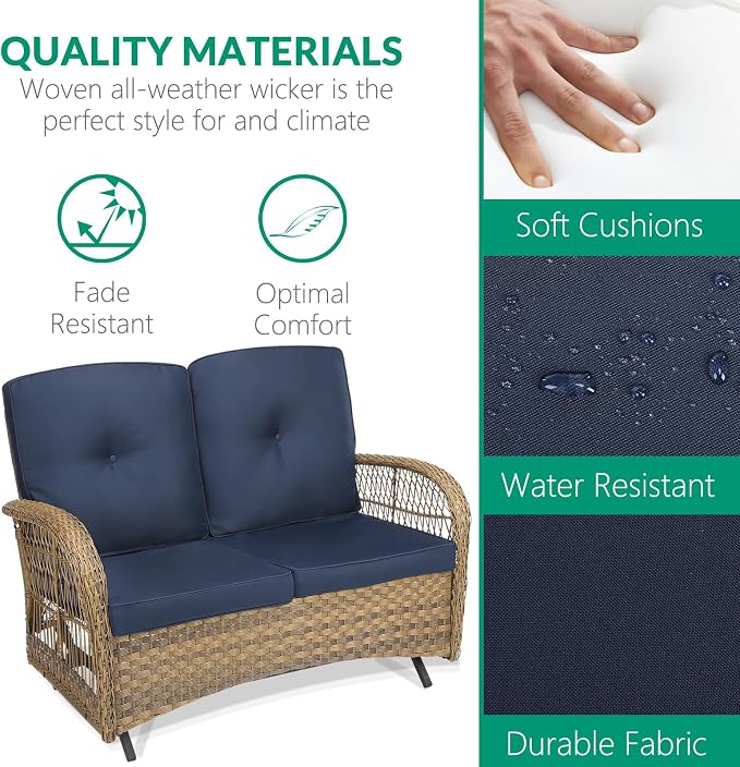 VIVIJASON 2-Piece Patio Wicker Loveseat Glider Set, Outdoor Conversation Furniture Set with 2-Seater Rattan Glider Rocking Bench and Glass-Top Coffee Table for Porch Garden Backyard, Navy Blue