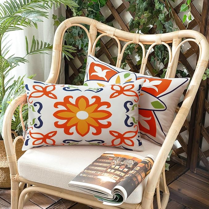 Pyonic Outdoor Waterproof Throw Pillow Covers for Patio Furniture Decorative Boho Pillow Covers 12x20 Floral Printed for Patio Tent Couch Garden Set of 4,Orange