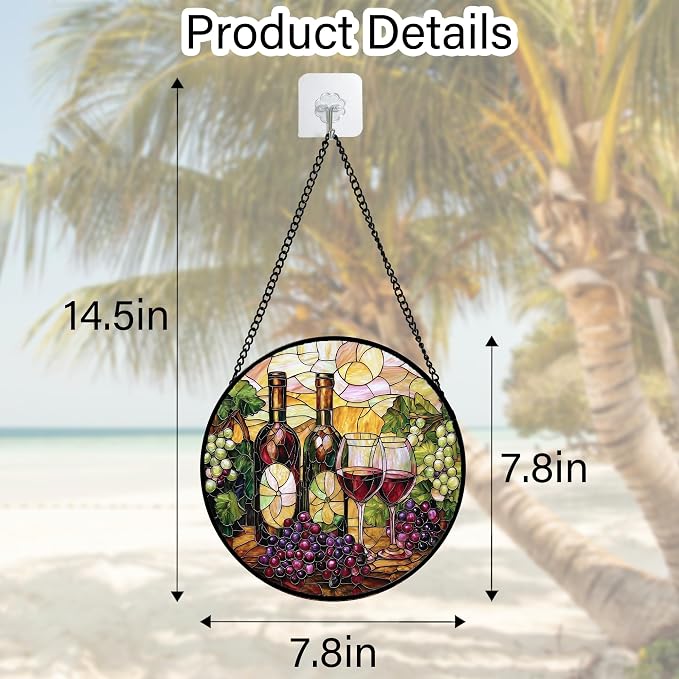DASTOLL Stained Glass Window Hanging, Grapes and Wine Suncatcher Diamond Glass Panel Hangings Sun Catchers Decor for Birthday for Women, Men, Wife, Aunt, and Mom 11.8x11.8 in