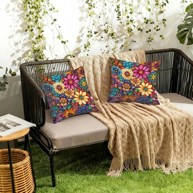 16x16 Inch Outdoor Pillow Covers Set of 2 Waterproof Throw Pillow Covers Decorative Couch Cushion Covers Bright Floral Mandala Square Pillowcases Protectors for Patio Garden Sofa