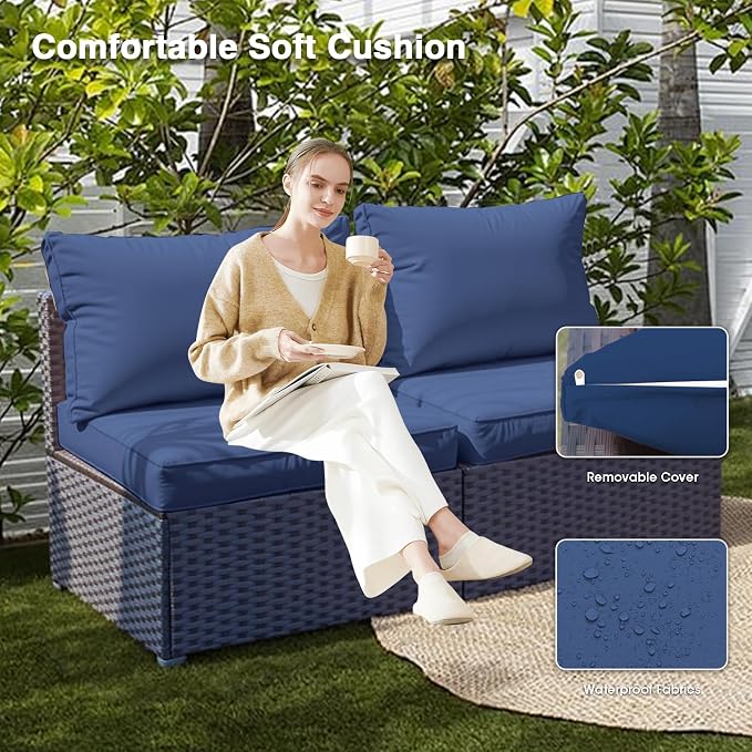 Patio Furniture Set Fire Pit Table 9 Piece All Weather PE Rattan Outdoor Sectional Sofa Couch with 8 x armless Sofa, No-Slip Cushions for Garden, Poolside, Backyard (Blue)