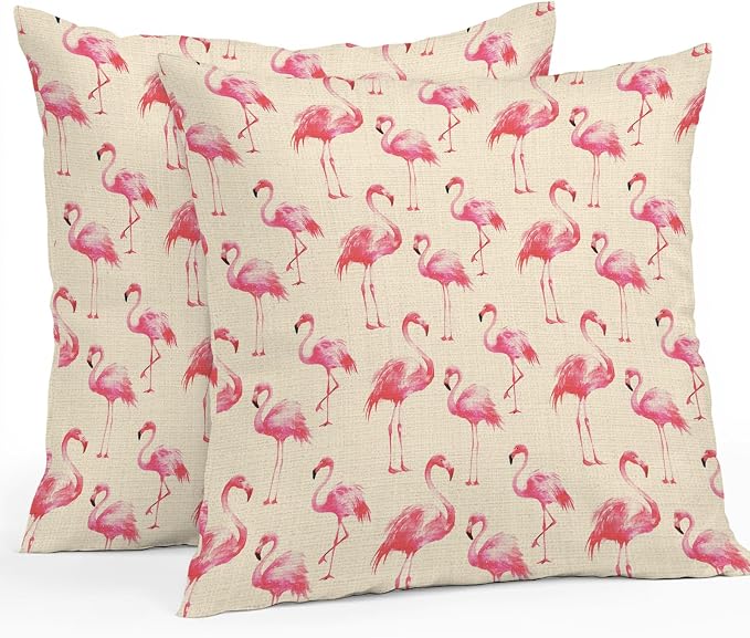 Pink Flamingo Outdoor Pillow Covers 24x24 Inch Throw Pillow Covers Set of 2 Waterproof Decorative Pillow Cases Summer Animals Rustic Cushion Covers for Patio Furniture Garden Couch Sofa