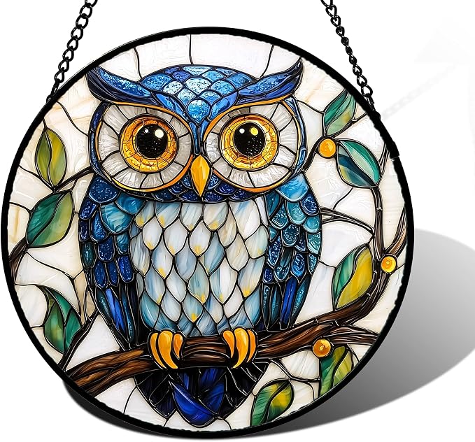 DASTOLL Stained Glass Window Hanging, Owl Gifts for Women Sun Catchers Diamond Glass Panel Hangings Birds Suncatcher Decor for Birthday for Women, Men, Wife, Aunt, and Mom 6.3 in
