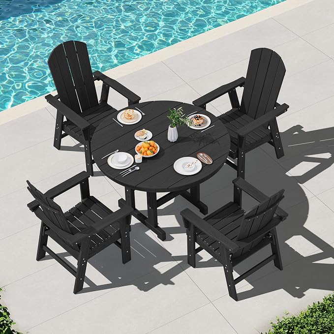 SERWALL 5 Piece Outdoor Dining Set, HDPE Dining Furniture Set with Umbrella Hole, 4 Adirondack Dining Chairs and 45" Round Dining Table, Black