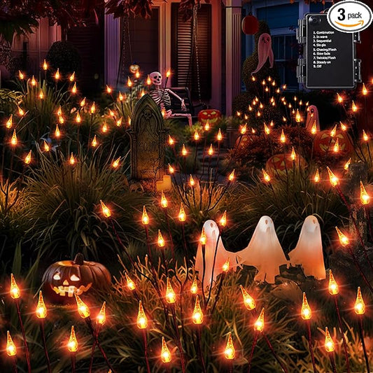 Brizled Halloween Pathway Lights, 7.54ft 3 Pack Candle Flame Orange Lights Outdoor with Timer, Battery Powered Halloween Light Waterproof Spooky Path Light for Path Yard Walkway Garden Thanksgiving
