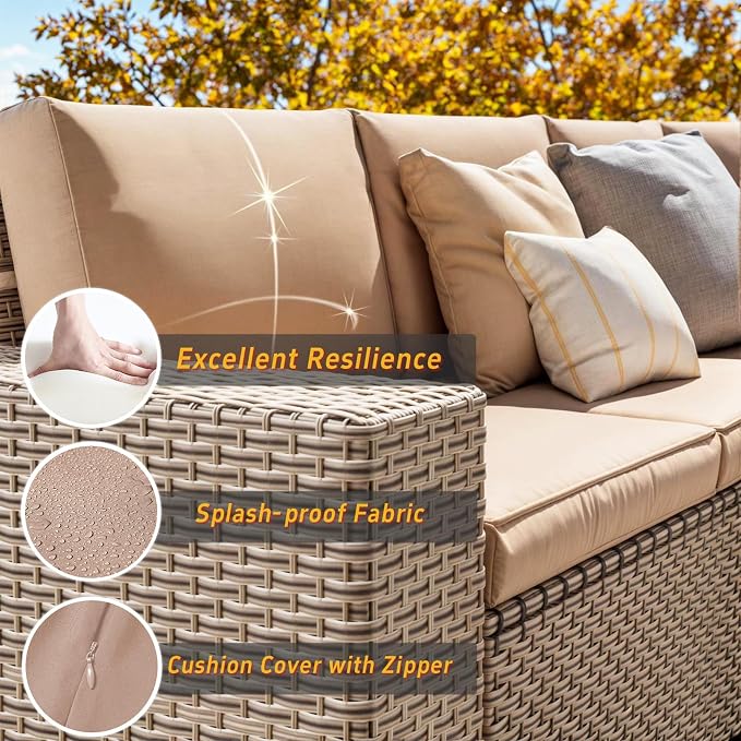 16 Pieces Patio Furniture Set with Fire Pit Table, Outdoor Sectional Wicker Sofa with Thick Cushions, High Back Swivel Rocker Patio Chairs, Rattan Conversation Set with Coffee Table, Khaki