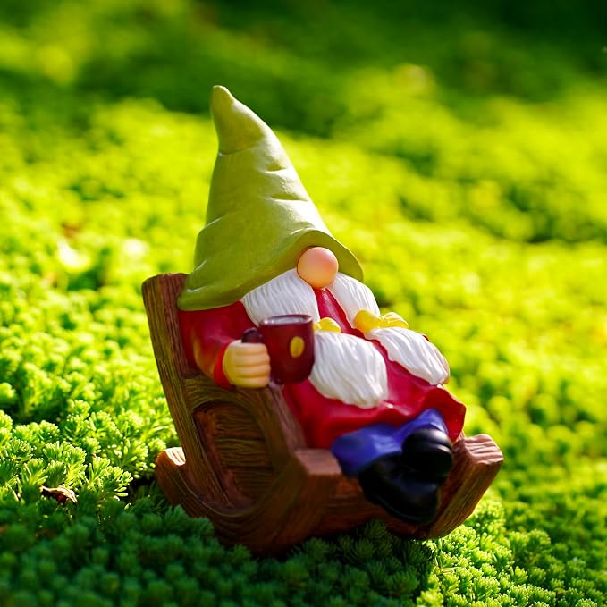 Solar Powered Relax Garden Gnome Statue, Rocking Chair Gnome 6.5“ with Glowing LED Nose & Coffee Cup, Hand Painted Resin Outdoor Indoor Decor Ornament for Patio Lawn Yard Home, Calming Novelty Gift