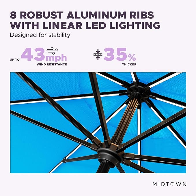 Midtown Umbrellas The LED Swilt 8 Feet Patio Umbrella With Terylast Cobalt (Blue) Polyester Fabric - Auto-Tilt Aluminum Frame With LED Lights For Backyard, Deck, Garden, Pool - Black Pole