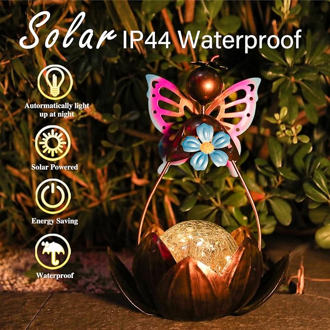 Afirst Solar Lights Outdoor, Solar Fairy Lotus Lamp Garden Decor Metal Crackle Glass Decorative Ball Waterproof Landscape Path Light LED Table Light for Tabletop，Patio,Lawn,Walkway,Tabletop,Pathway