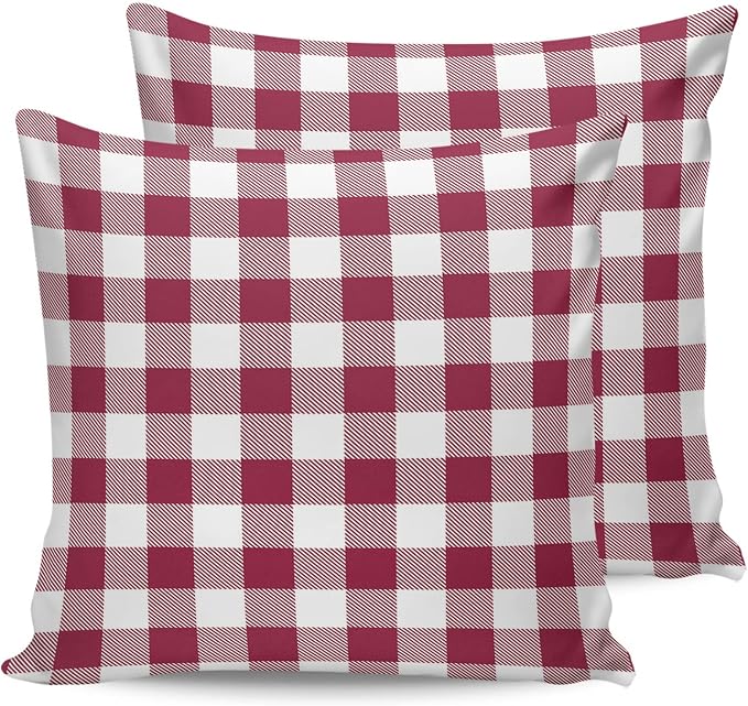 Outdoor Waterproof Throw Pillow Covers Set of 2 Wine Red Buffalo Check Plaid Pillowcases 24x24 Inches Farmhouse Style Patio Decorative Pillows Cushion Case Patio Pillows for Couch Bed Chair Garden