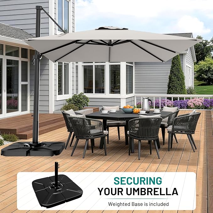 AreShark 9 × 9FT Square Cantilever Patio Umbrella with Base Included, 360° Rotation Offset Outdoor Umbrella, 5 Tilt Settings Heavy Duty Hanging Parasol for Deck Garden Pool, Light Grey