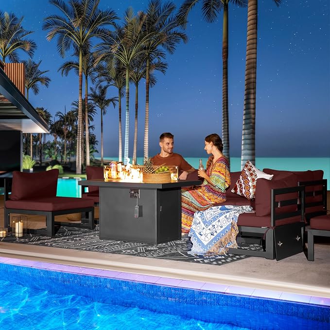 RADIATA 8 People Large Luxury Aluminum Patio Conversation Set with Fire Pit Table Propane/Gas, 29" Deep Wide U Shaped Sectional Couch, 500 lbs Heavy Duty UV Resistant Outdoor Sofa for Front Yard, Red