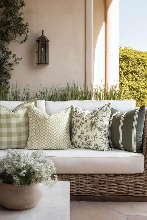 Modern Farmhouse California Casual Indoor Outdoor Throw Pillow Cover, 20"x20" Water Repellent for Patio, Backyard, Couch, Poolside, Oliver Green White Embroidered Stripes