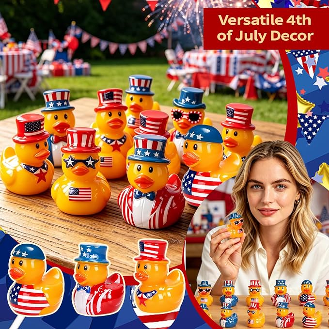120 Pcs Patriotic Mini Resin Ducks 6 Style Bulk Tiny Duck Figurines 250th Anniversary Independence Day Decorations 4th of July Patriotic Ducks for Party Favors DIY Crafts and Desk Decor