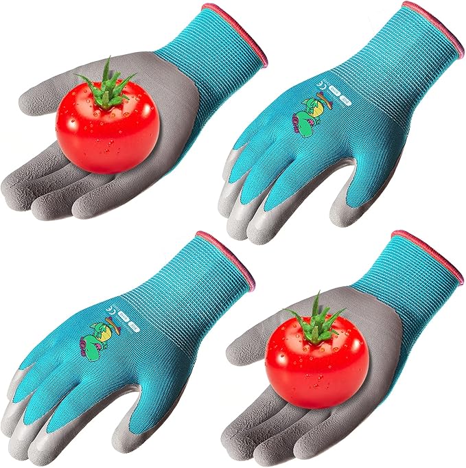 KDK Ages 3-5 Kids Gardening Gloves,Yard Work Gloves for Toddlers, Youth, Girls, Boys, Childrens, Soft Safety Rubber Gloves (XXXS Age 3-5, 2 Pairs Blue Dinosaur)